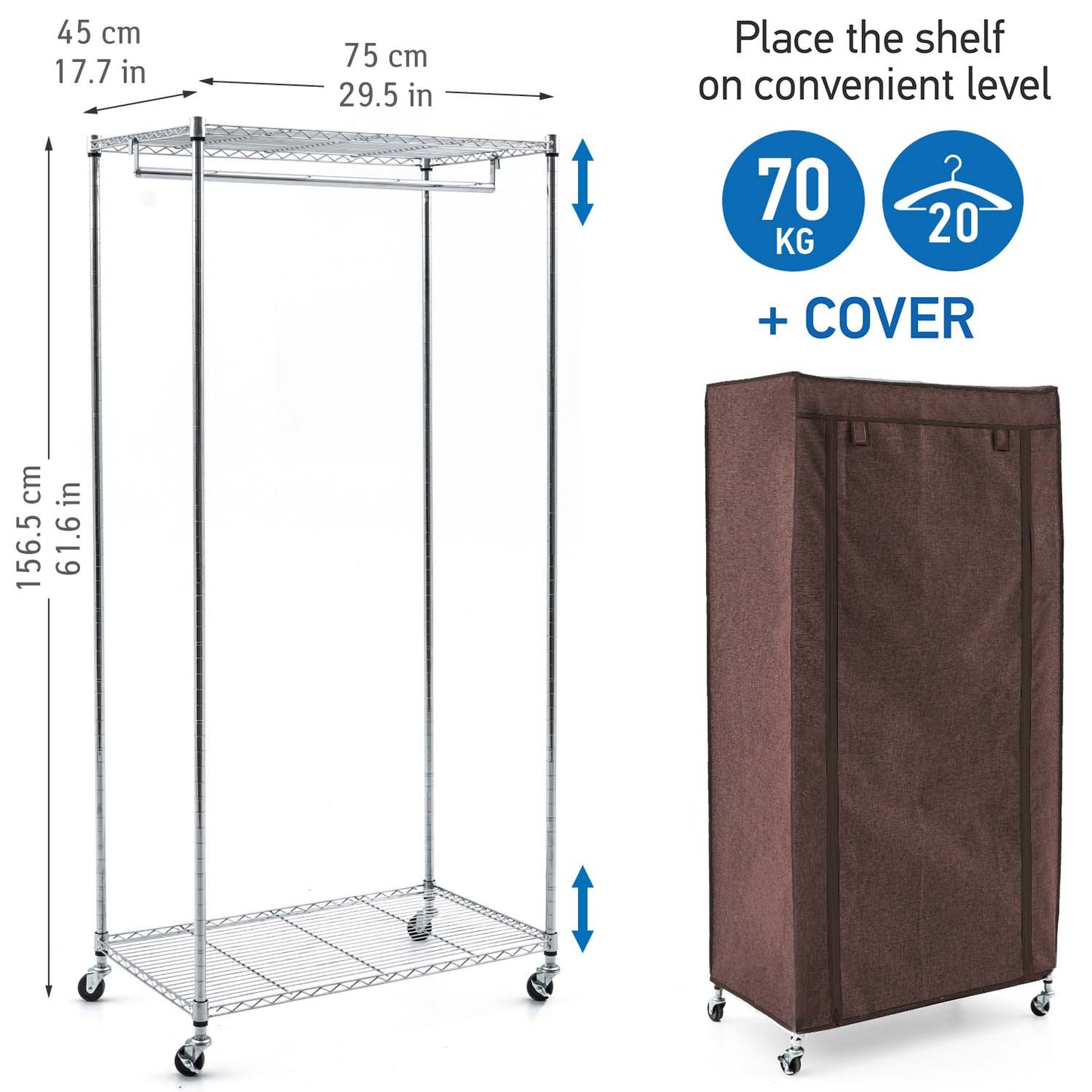 Heavy Duty Clothes Rail with 2 Shelves and Fabric Cover 70kg Capacity