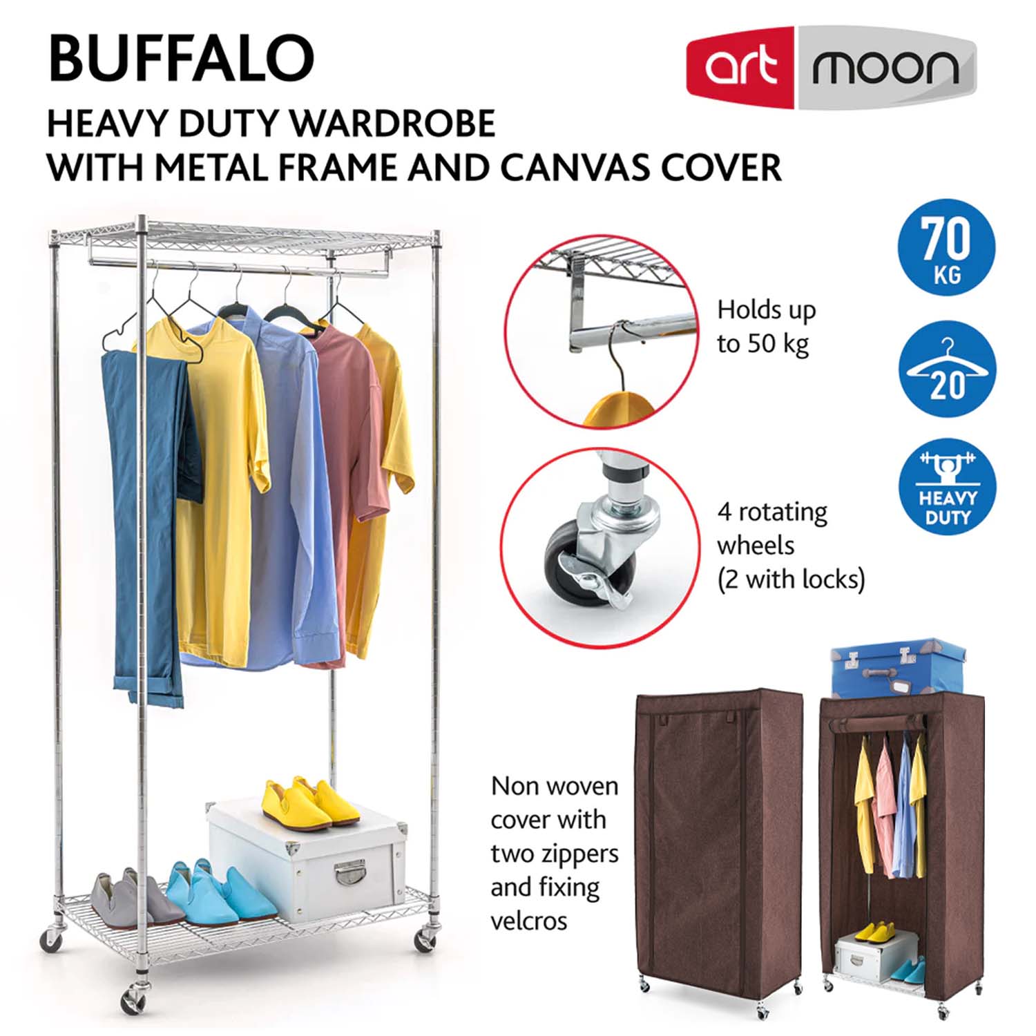 Heavy Duty Clothes Rail with 2 Shelves and Fabric Cover 