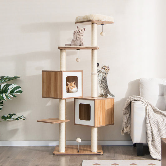 Cat Tree, Cat Tower, Cat Activity Centre, 163 CM Cat Tree with Sisal Scratching Posts and Washable Cushions, Natural, Costway
