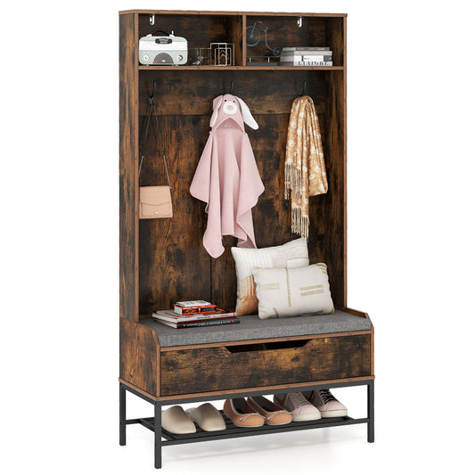 4-in-1 Coat Rack with Seat Cushion and Open Compartments-Rustic Brown, Costway, 1