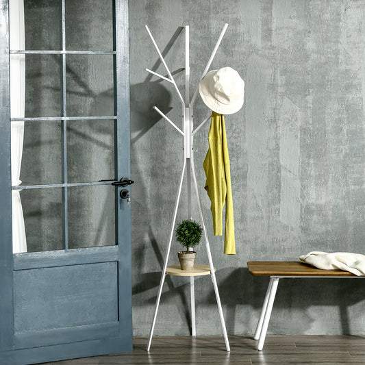 Freestanding Metal Coat Rack Stand 9 Hooks Clothes Tree with 1 Shelf Hat Display Hall Tree Hanger Bag Umbrella Hanging Organiser White, HOMCOM, 2