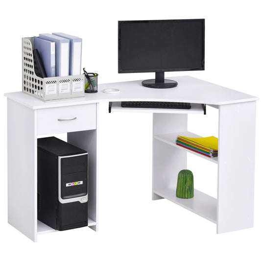 L-Shaped Corner Computer Desk w/ 2 Shelves Wide Worktop Keyboard Tray Drawer & CPU Stand Home Office Study Bedroom Furniture White, HOMCOM, 1