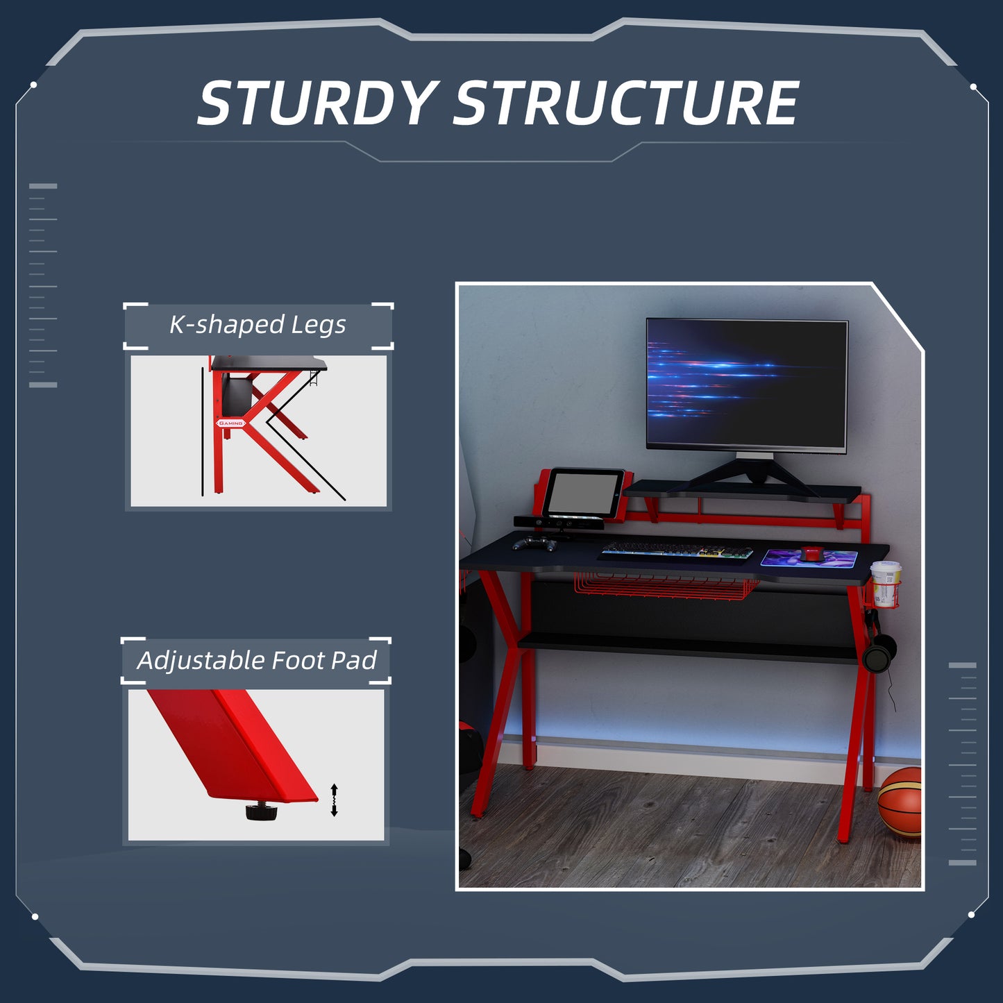 Gaming Desk, Computer Table with Monitor Stand, Cup Holder, Headphone Hook, Wire Basket and Metal Frame, 120cm, Red, HOMCOM, 6