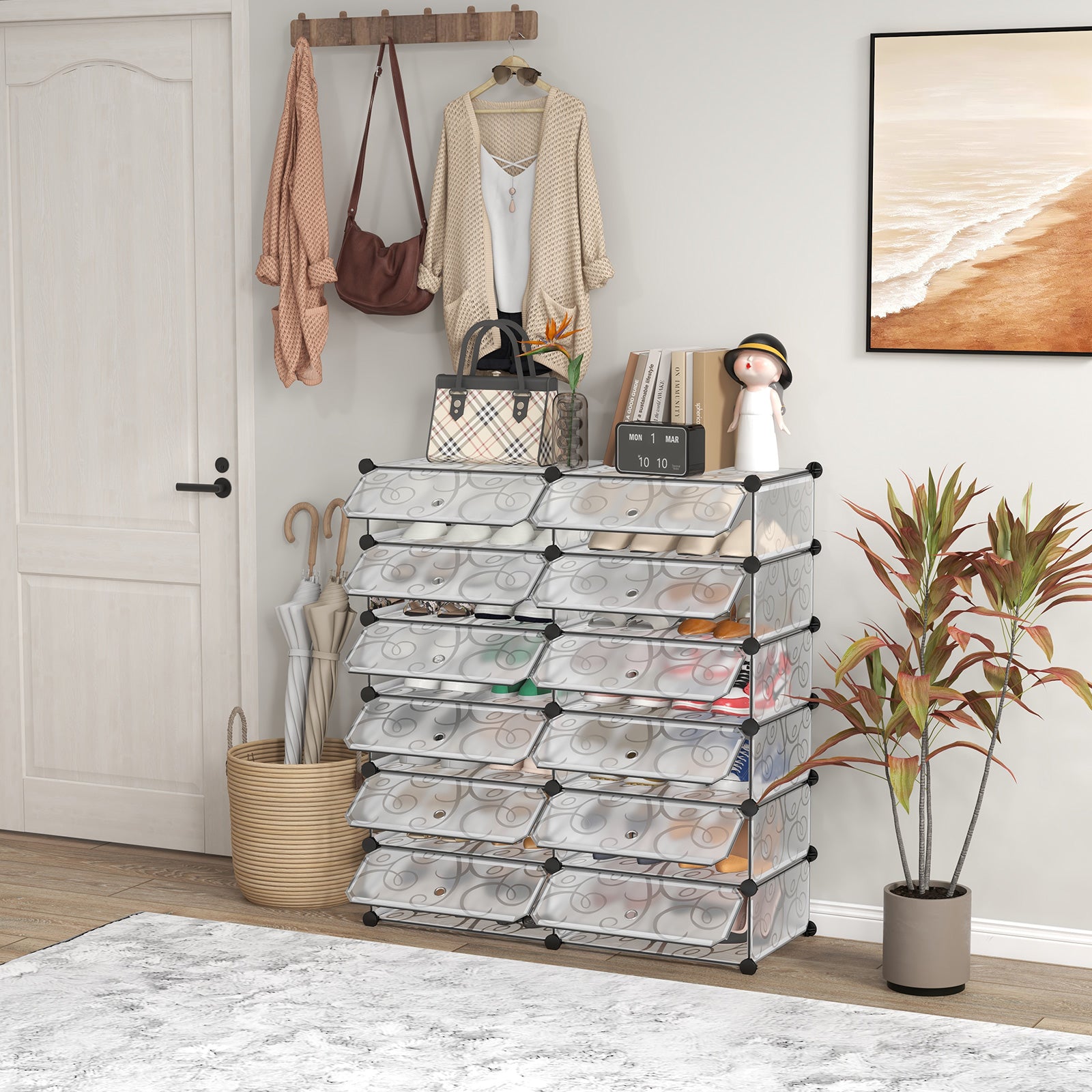 24 Pairs Shoe Rack Organizer with 12-Cube DIY Modular-White, Costway, 1