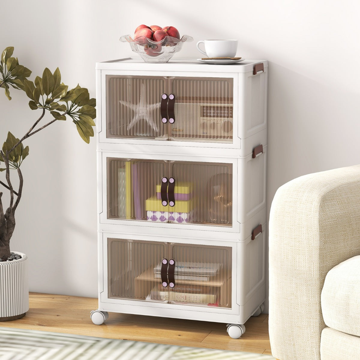 Shoe Storage, Shoe Cabinet, Shoe Rack, Storage with Magnetic Doors and Lockable Casters-White, Costway