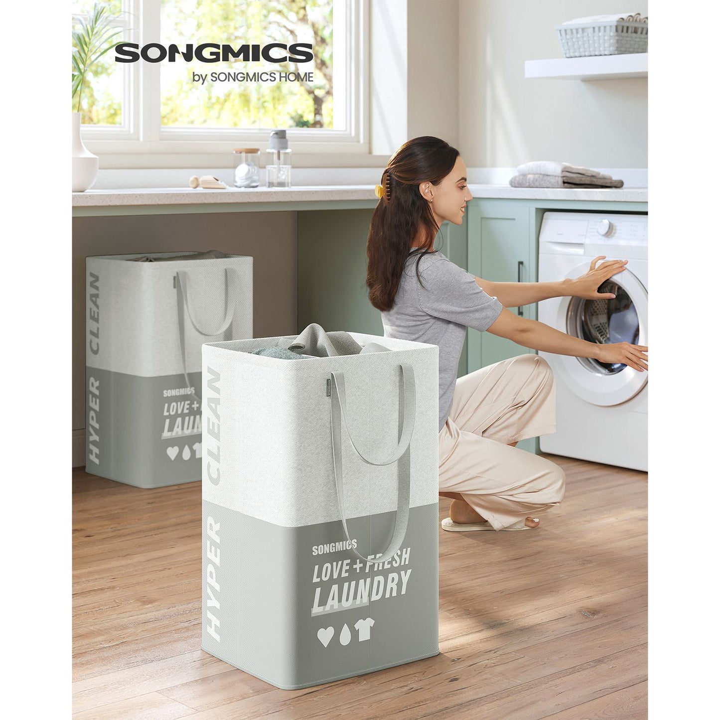 2 Compartment Laundry Basket, Folding Washing Basket, Set of 2, Large Laundry Basket, 90L, Light Grey, SONGMICS, 1