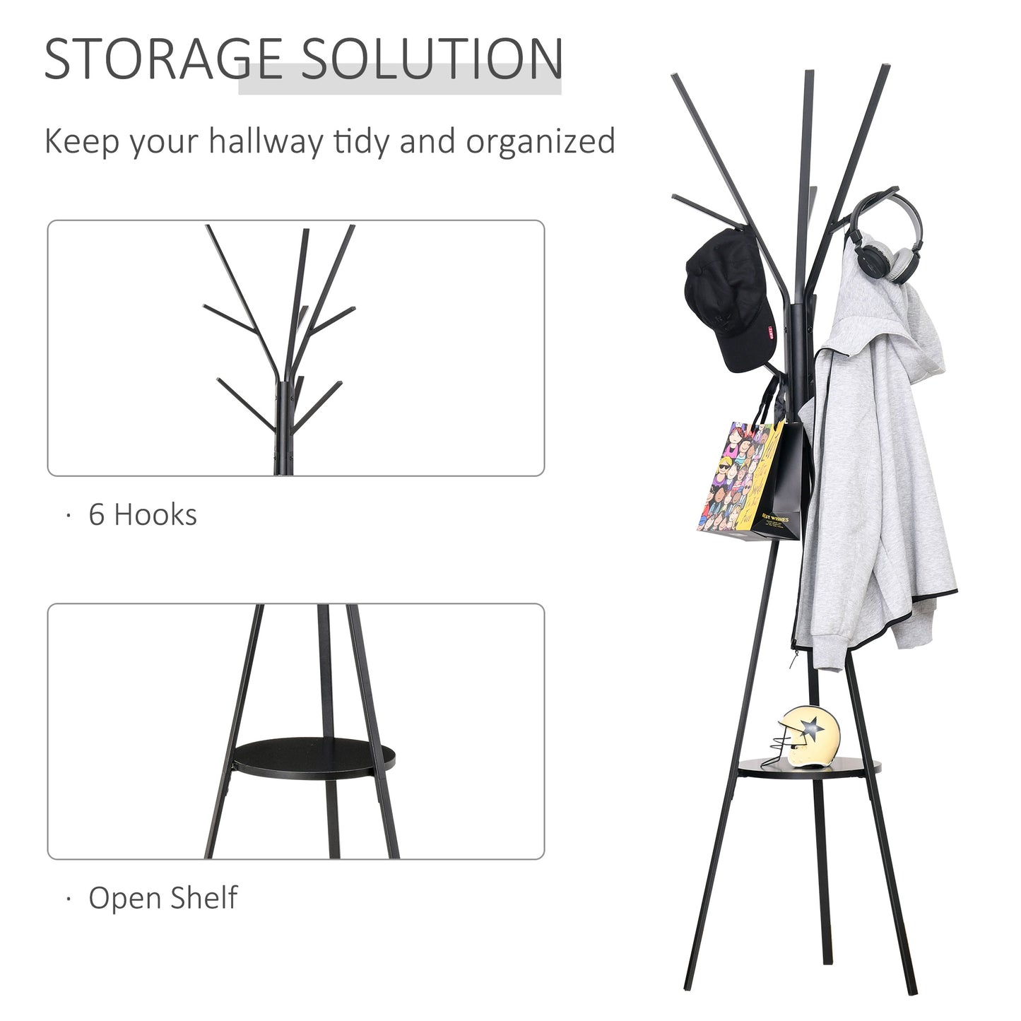 Freestanding Metal Coat Rack Stand 9 Hooks Clothes Tree with 1 Shelf Hat Display Hall Tree Hanger Bag Umbrella Hanging Organiser Black, HOMCOM, 4