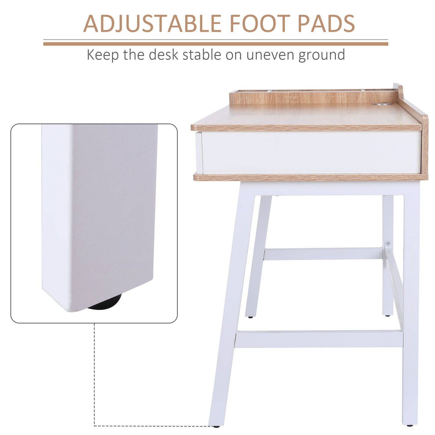 Computer Desk, Writing Desk, Study Workstation with Drawer, Storage Compartments, Cable Management, Laptop Table, Metal Frame, 100 x 55 x 81.5cm, Oak and White, HOMCOM, 6