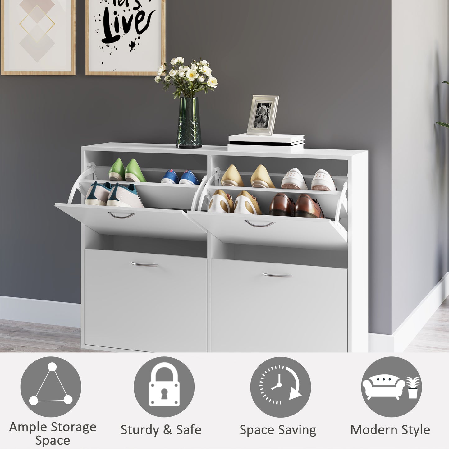 Wooden Modern Design 4 Drawer Shoes Cabinet Pull Down Shelf Storage Organiser - White, HOMCOM, 6