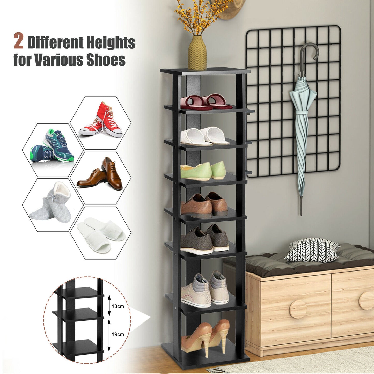 Wooden Vertical Shoe Rack with 7 Shelves-Black, Costway, 5