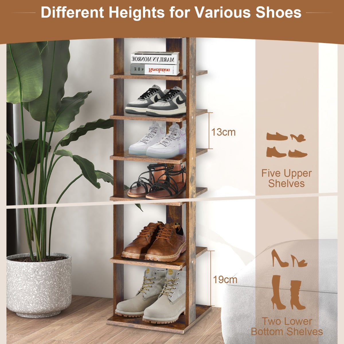 Wooden Vertical Shoe Rack with 7 Shelves-Brown, Costway, 6