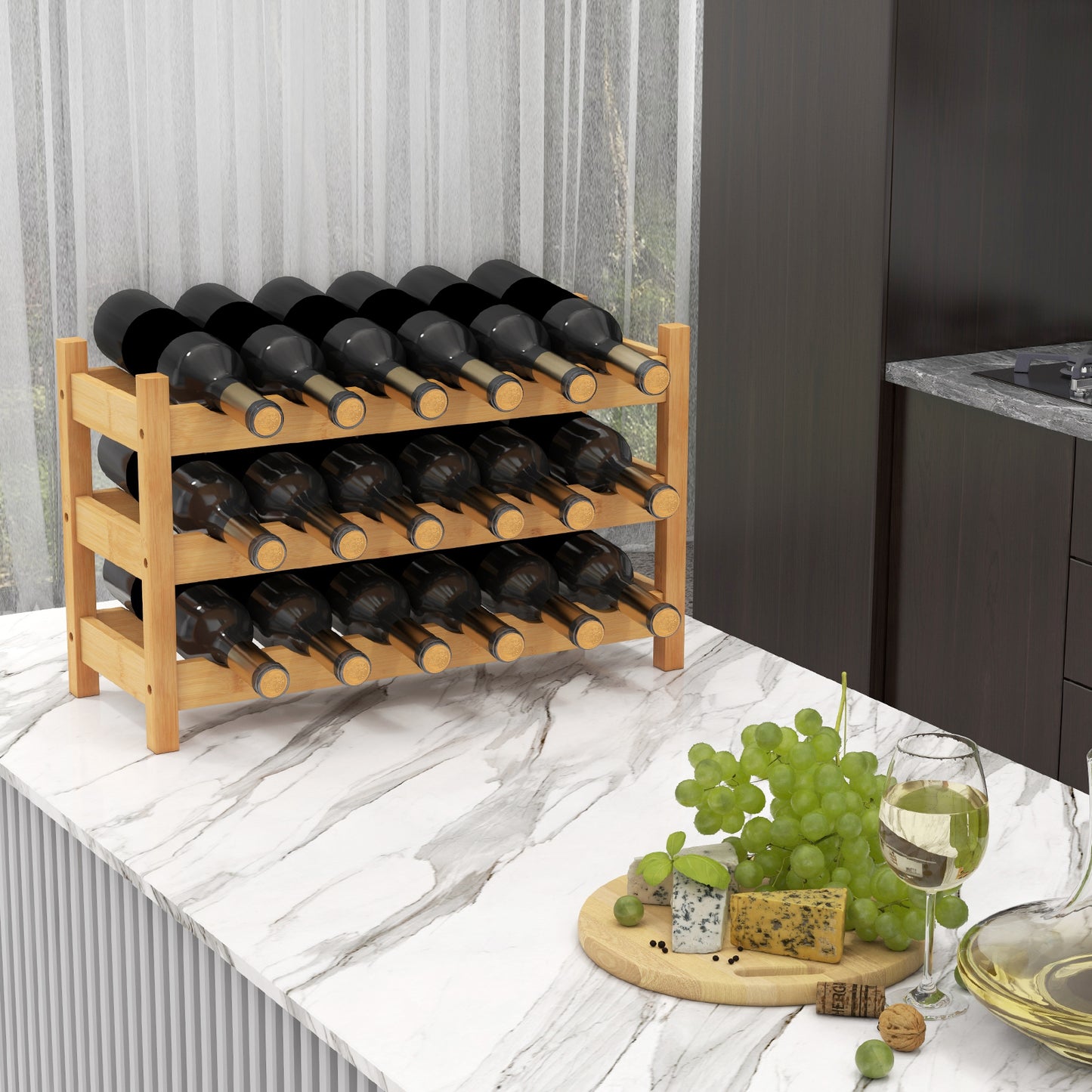 3-Tier Bamboo Wine Rack with Wave Slot for Kitchen-Natural, Costway, 3