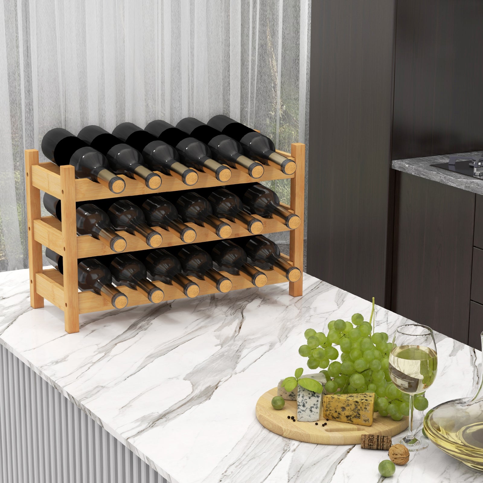 3-Tier Bamboo Wine Rack with Wave Slot for Kitchen-Natural, Costway, 3