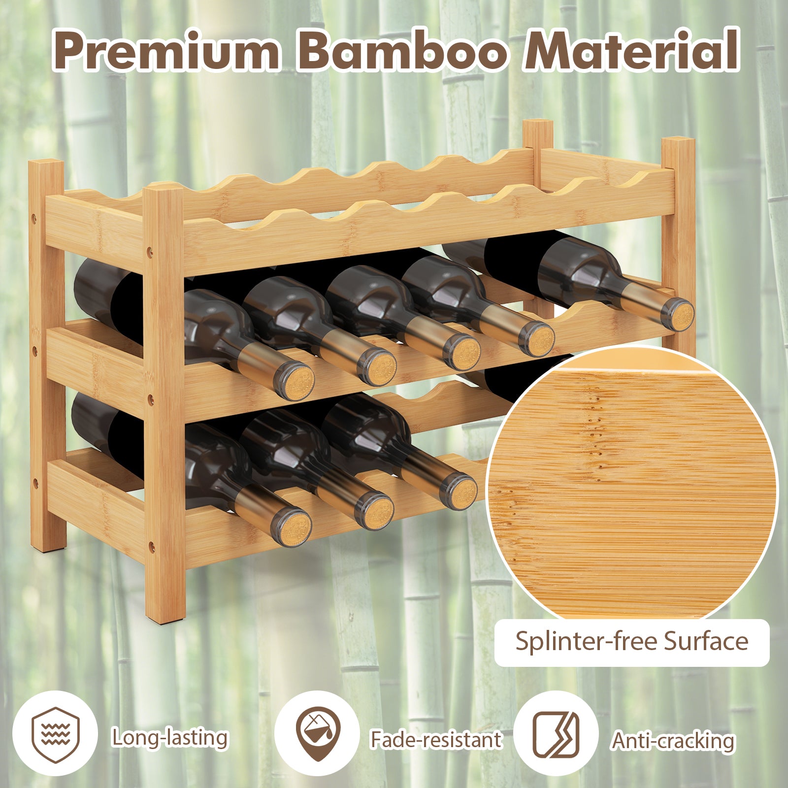 3-Tier Bamboo Wine Rack with Wave Slot for Kitchen-Natural, Costway, 8