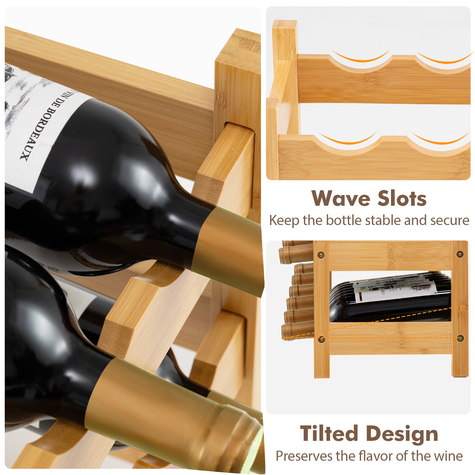 3-Tier Bamboo Wine Rack with Wave Slot for Kitchen-Natural, Costway, 10