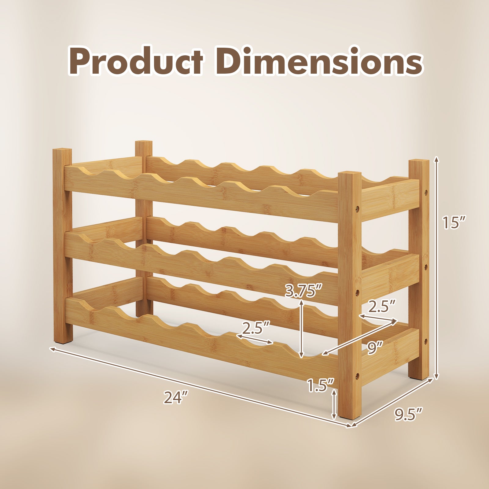 3-Tier Bamboo Wine Rack with Wave Slot for Kitchen-Natural, Costway, 6