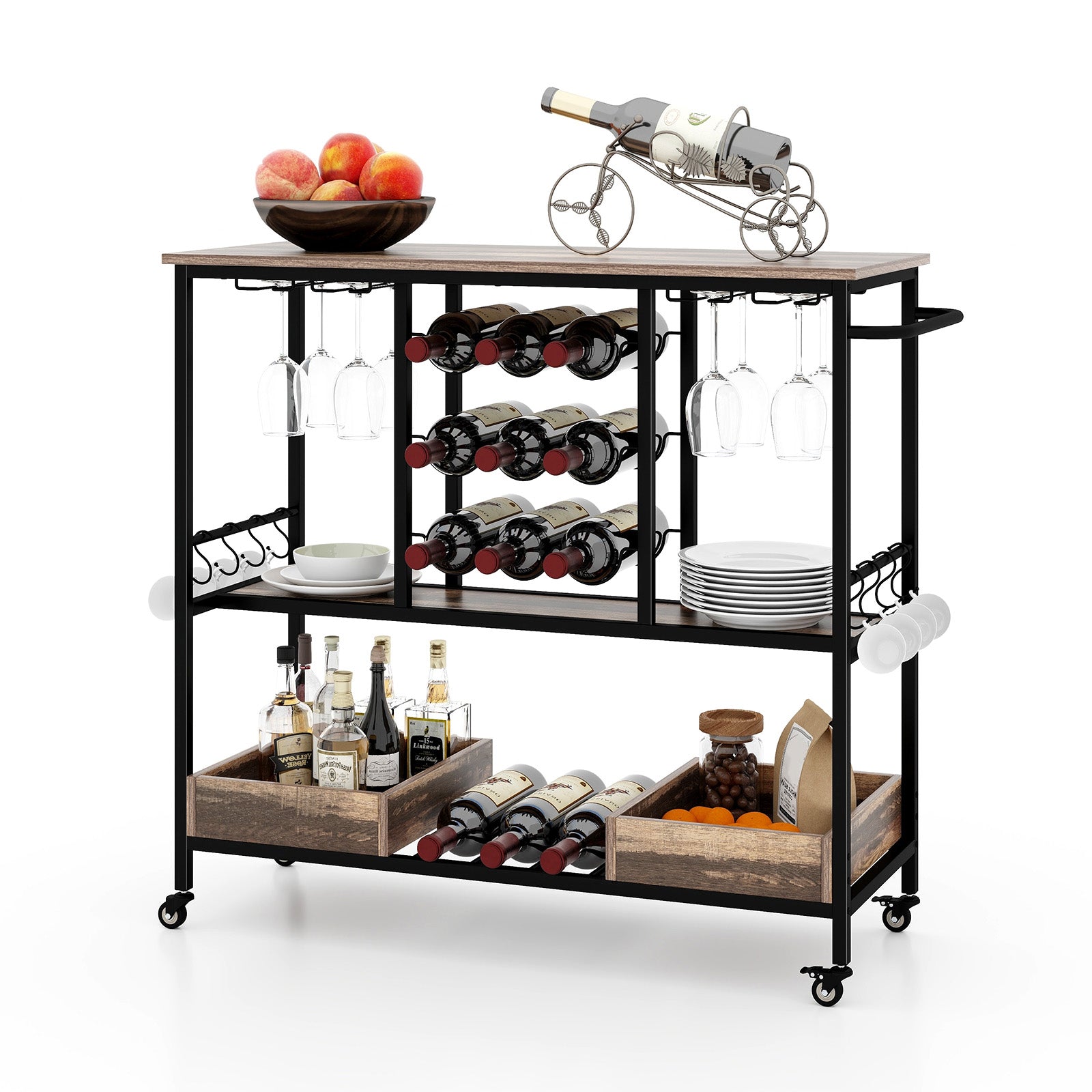 3 Tiers Bar Cart on Wheels with Glass Racks-Brown, Costway, 1