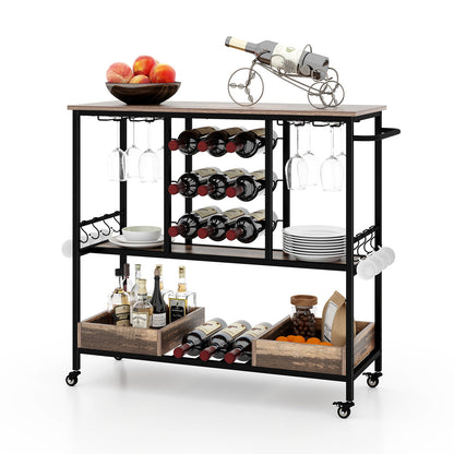 3 Tiers Bar Cart on Wheels with Glass Racks-Brown, Costway, 1