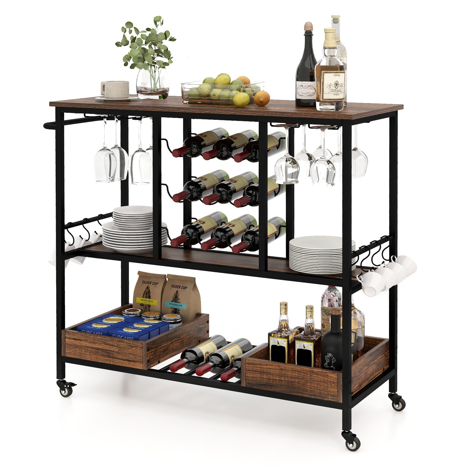 3 Tiers Bar Cart on Wheels with Glass Racks-Rustic Brown, Costway, 1