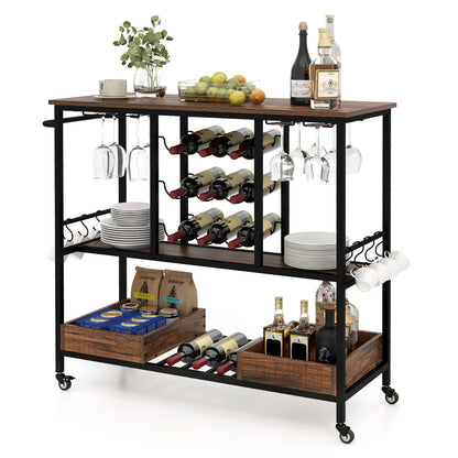 3 Tiers Bar Cart on Wheels with Glass Racks-Rustic Brown, Costway, 1