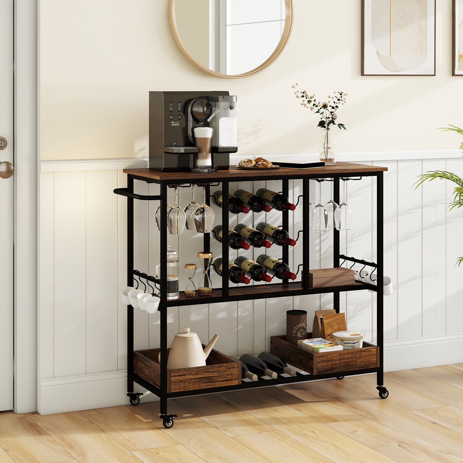 3 Tiers Bar Cart on Wheels with Glass Racks-Rustic Brown, Costway, 1