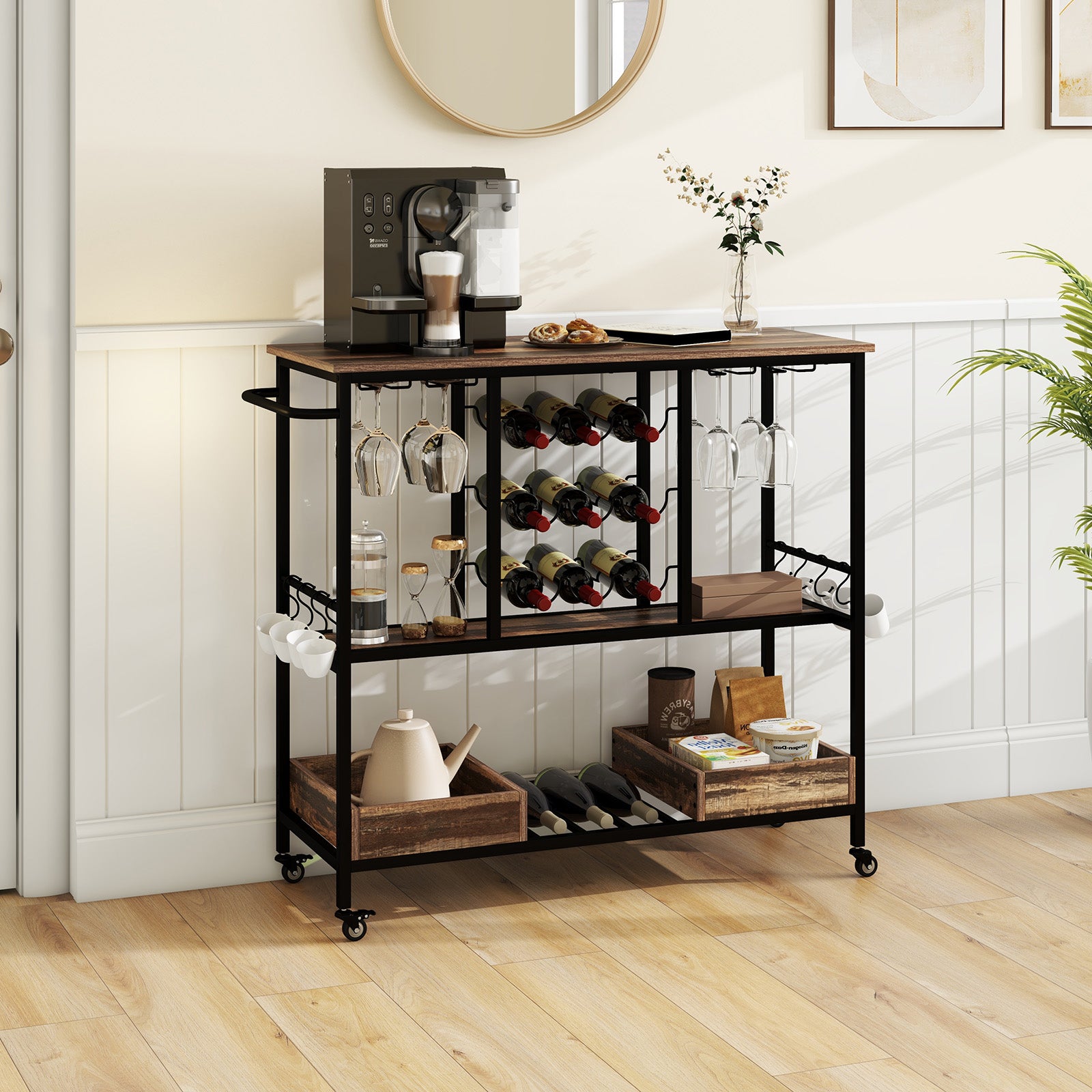 3 Tiers Bar Cart on Wheels with Glass Racks-Brown, Costway, 1