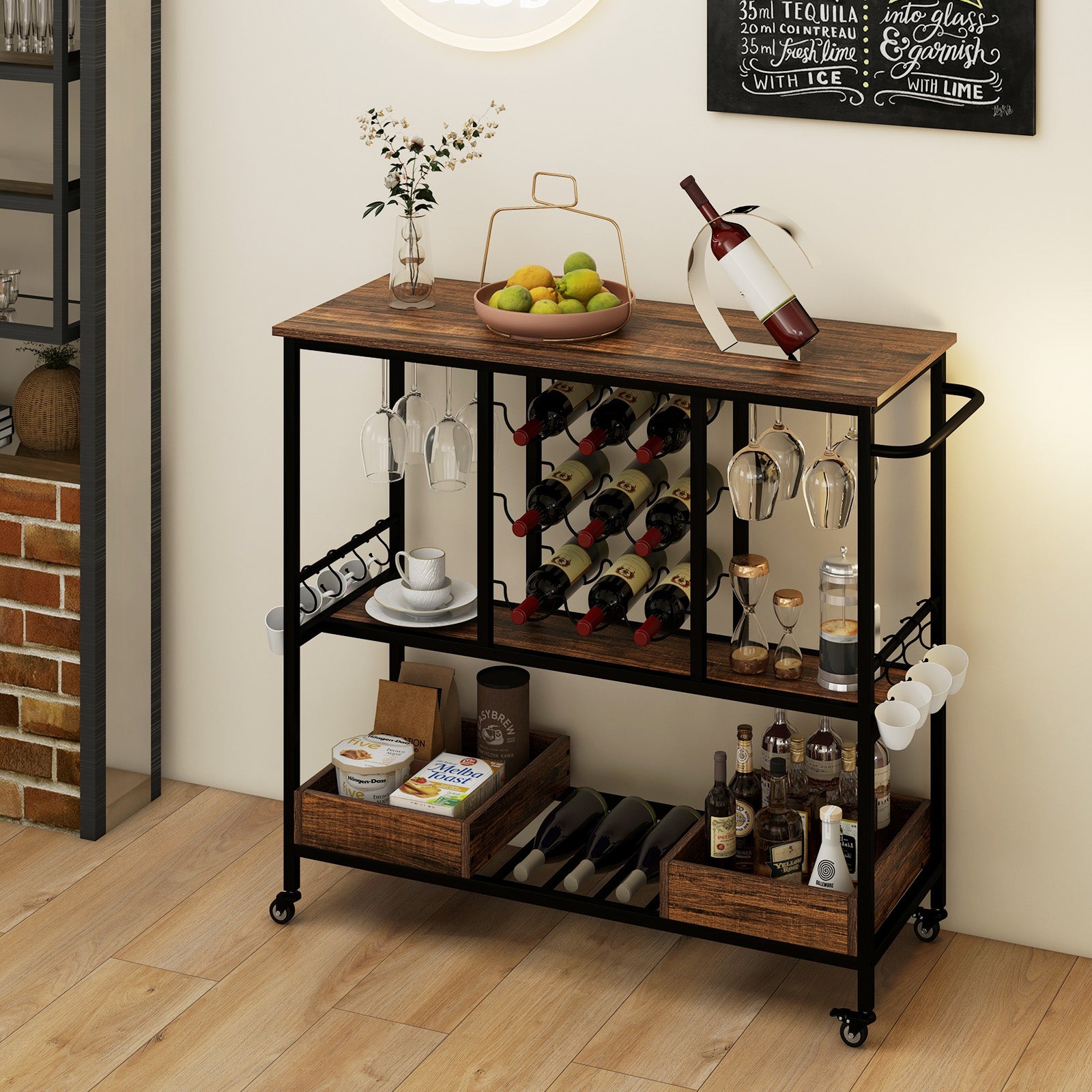 3 Tiers Bar Cart on Wheels with Glass Racks-Rustic Brown, Costway, 1