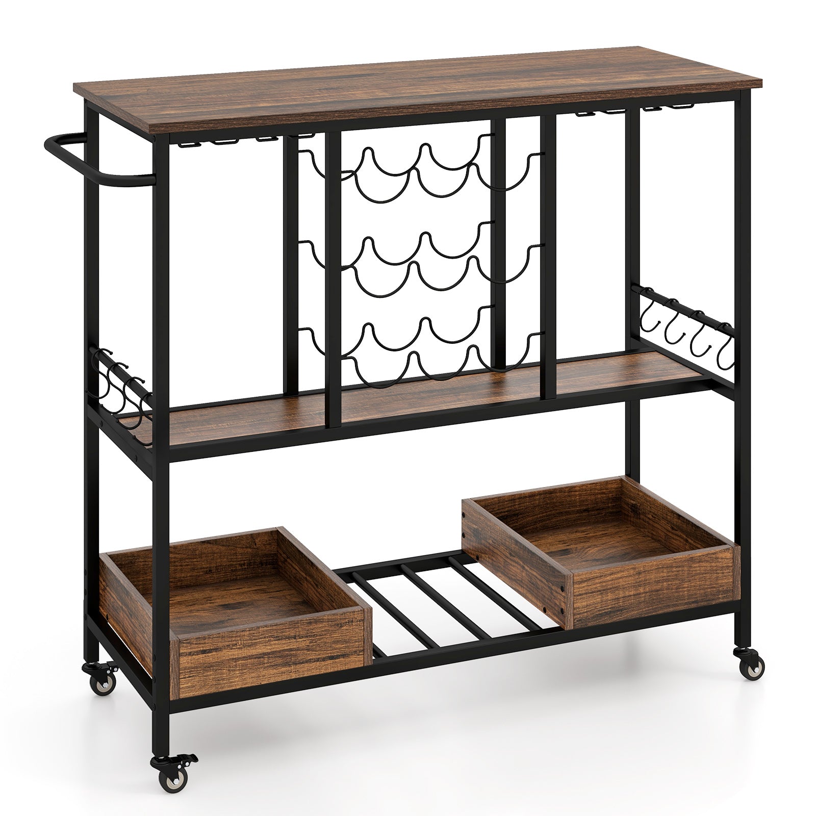 3 Tiers Bar Cart on Wheels with Glass Racks-Rustic Brown, Costway, 1