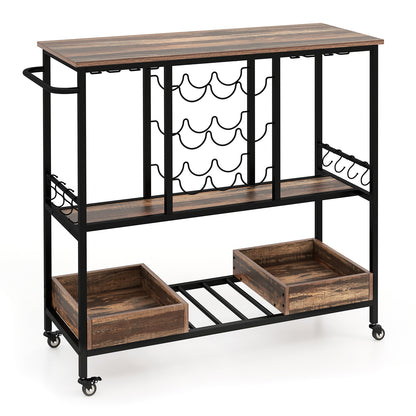 3 Tiers Bar Cart on Wheels with Glass Racks-Brown, Costway, 1