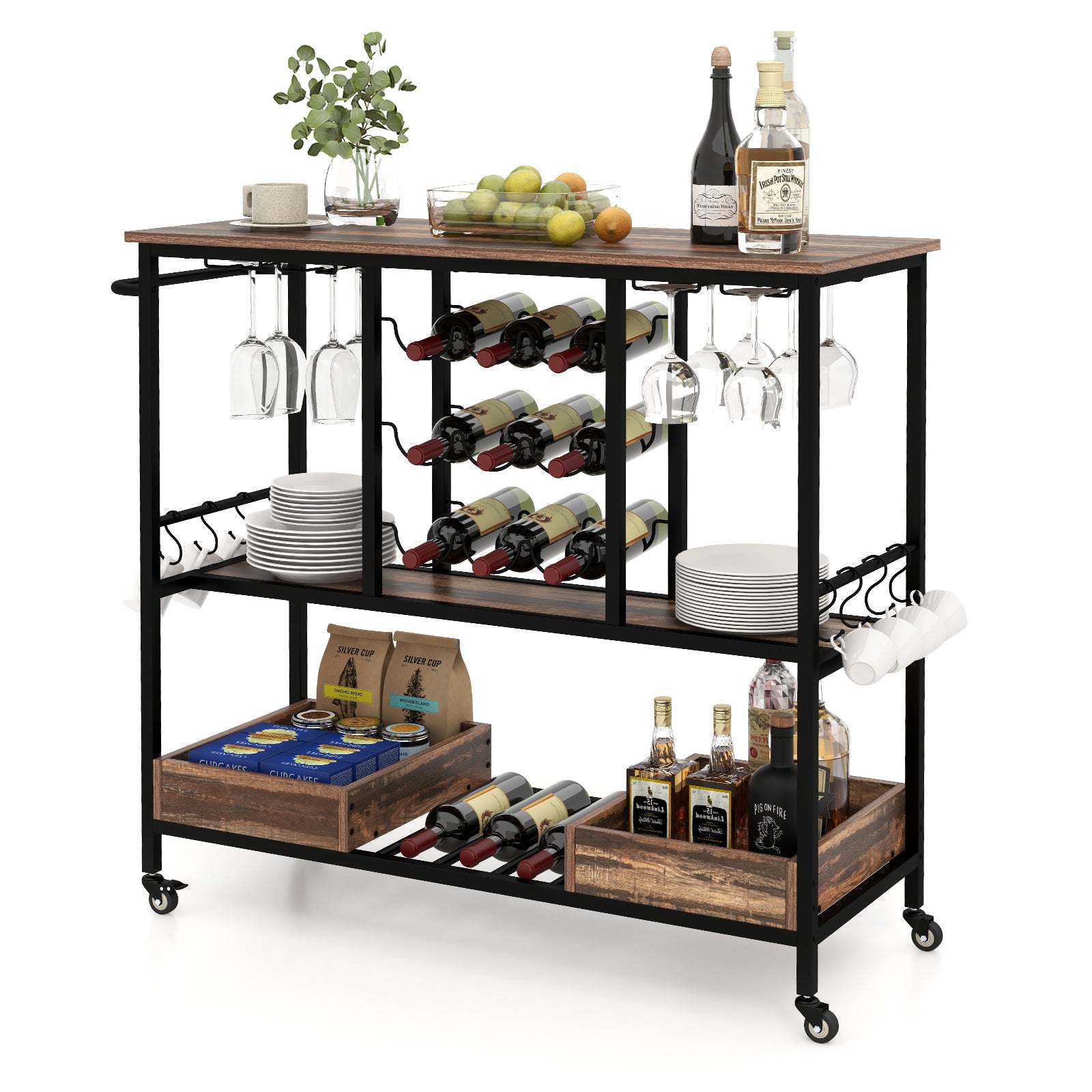 3 Tiers Bar Cart on Wheels with Glass Racks-Brown, Costway, 1