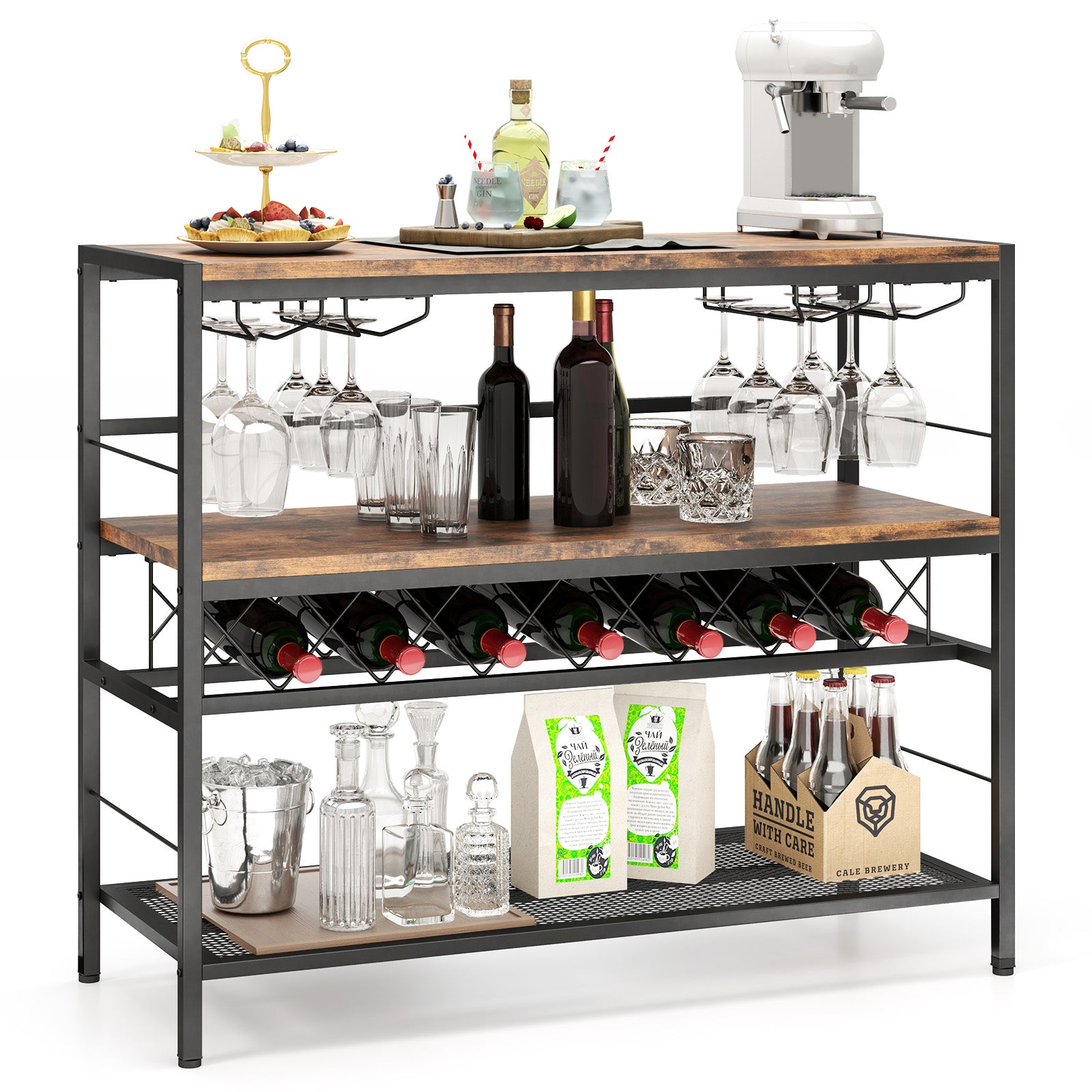 104 CM Wine Rack with 4 Glass Holders-Rustic Brown, Costway, 1