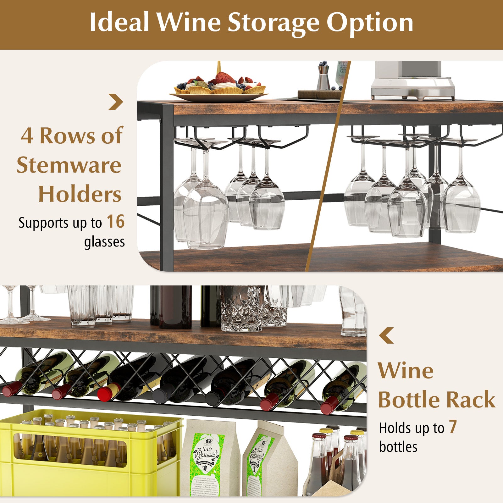 104 CM Wine Rack with 4 Glass Holders-Rustic Brown, Costway, 1