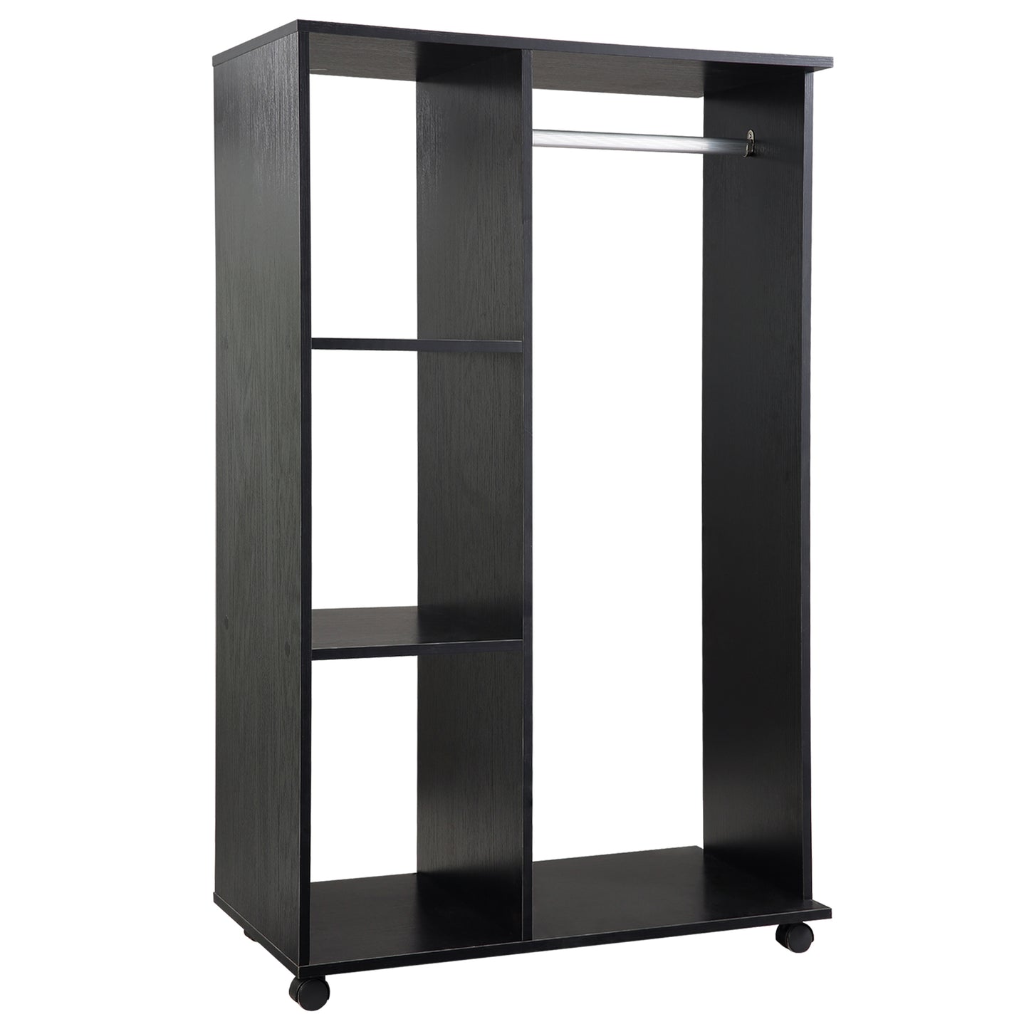 Open Wardrobe on Wheels with Clothes Rail, Bedroom Clothes Storage with Hanging Rod, 3 Storage Shelves, Mobile Garment Rack for Cloakroom, Hallway, Black, HOMCOM, 1