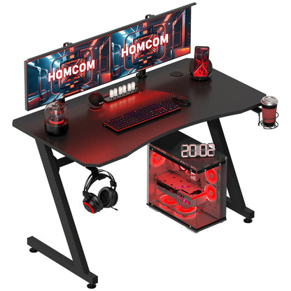 Gaming Desk 120 x 65 cm Steel Frame with Cup Holder, Headphone Hook, Adjustable Feet and Cable Organiser, Home Office Computer Table, Black, HOMCOM, 1