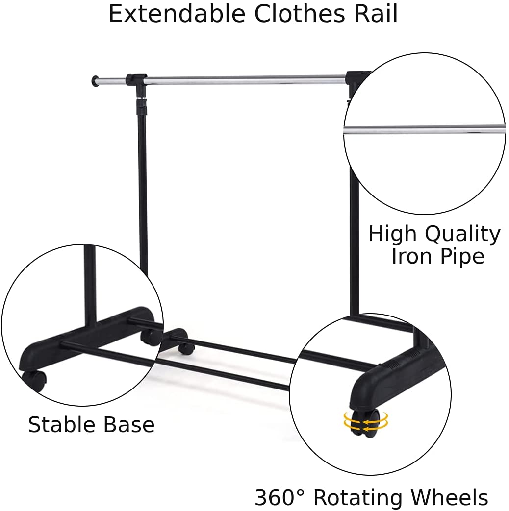 Adjustable Single Rail Garment Rack with Wheels and Bottom Shelf, Costway, 5