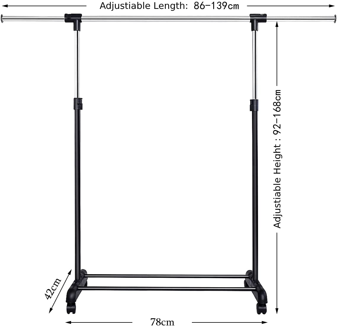 Adjustable Single Rail Garment Rack with Wheels and Bottom Shelf, Costway, 4