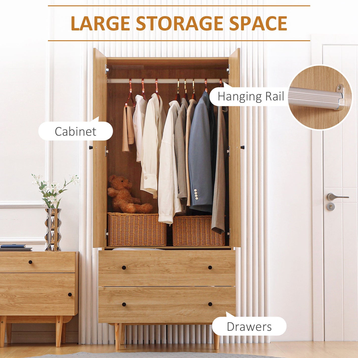 Wardrobe with 2 Doors, 2 Drawers, Hanging Rail for Bedroom Clothes Storage Organiser, 80x52x180cm, Natural Tone, HOMCOM, 5