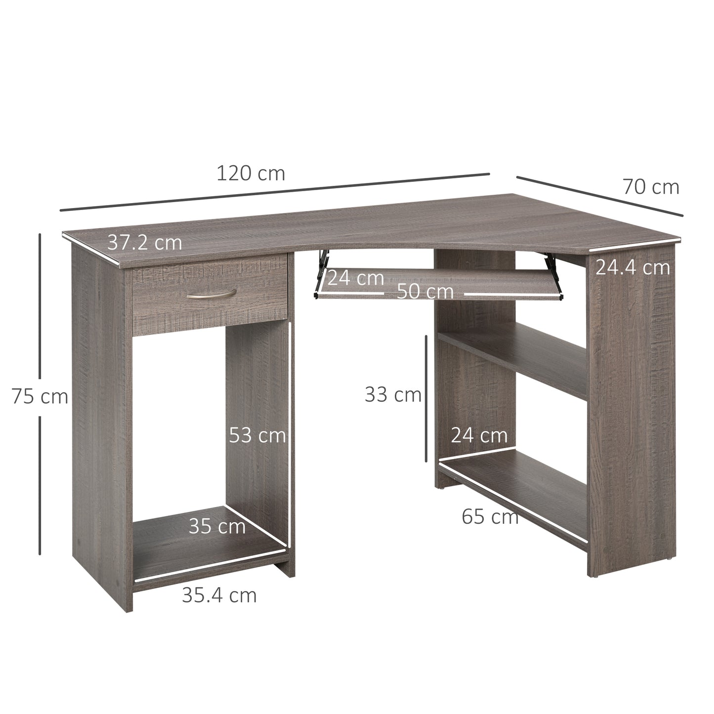 L-Shaped Corner Computer Desk w/ 2 Shelves Wide Worktop Keyboard Tray Drawer & CPU Stand Home Office Study Bedroom Furniture Grey, HOMCOM, 3