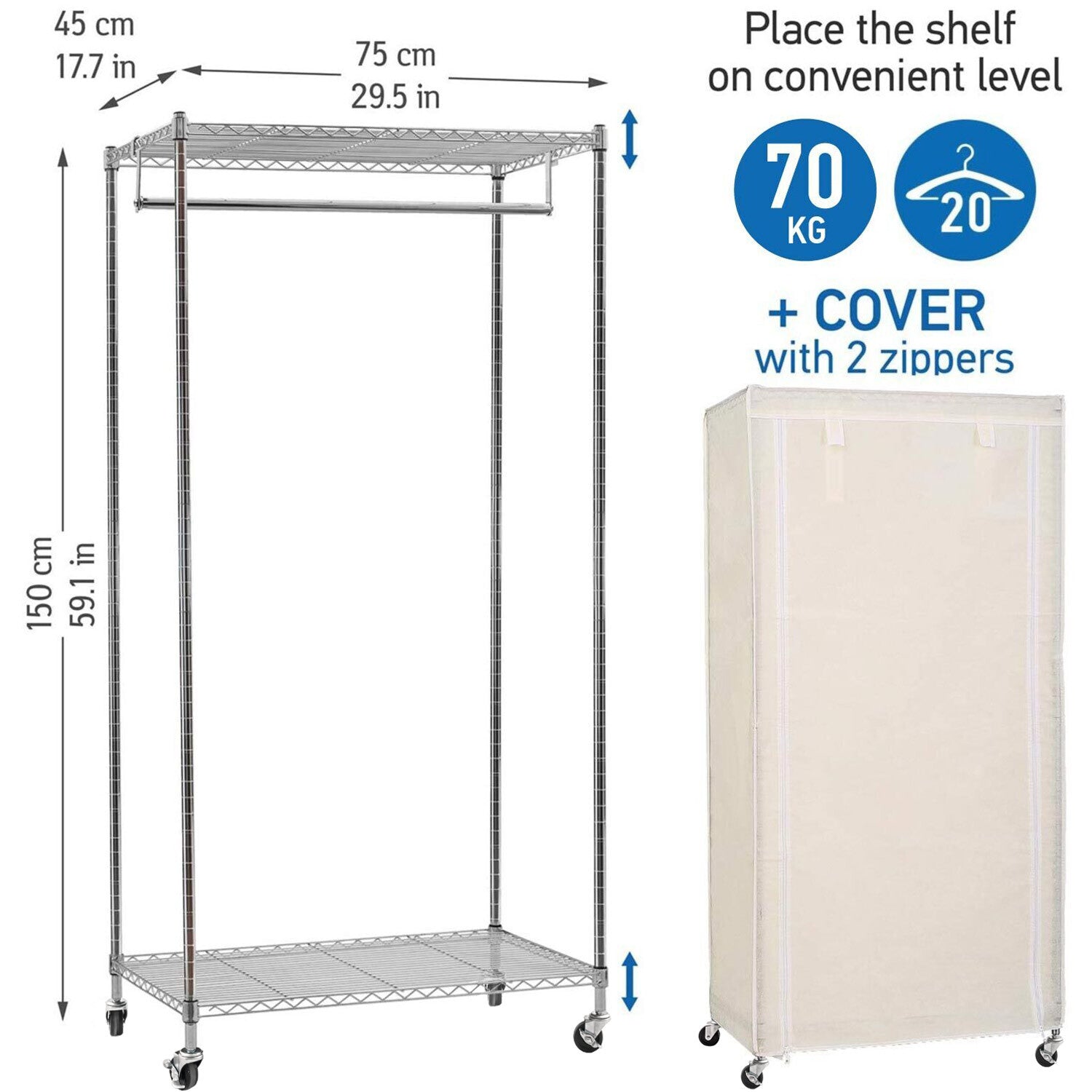wardrobe, wardrobe on wheels, wardrobe on wheels with cover, heavy duty clothes rail, Holds up to 154 Lbs