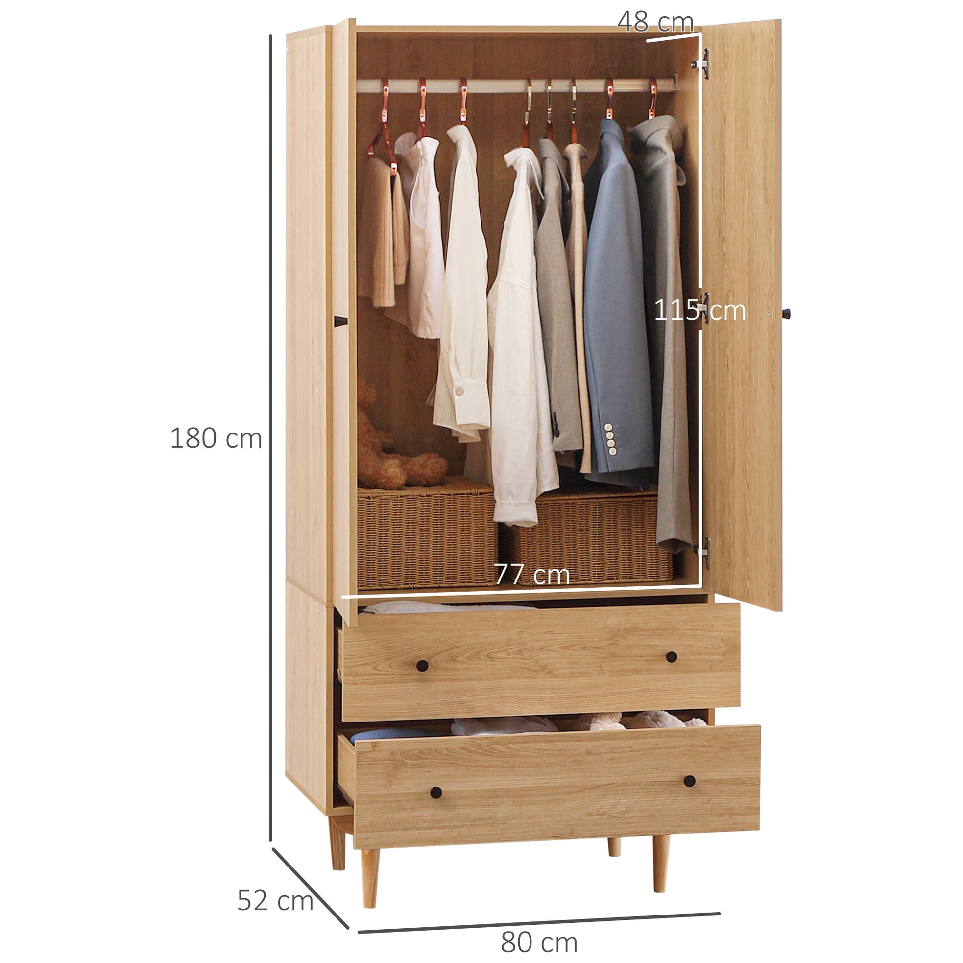 Wardrobe with 2 Doors, 2 Drawers, Hanging Rail for Bedroom Clothes Storage Organiser, 80x52x180cm, Natural Tone, HOMCOM, 3