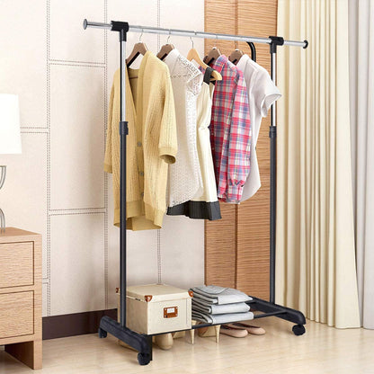 Adjustable Single Rail Garment Rack with Wheels and Bottom Shelf, Costway, 2