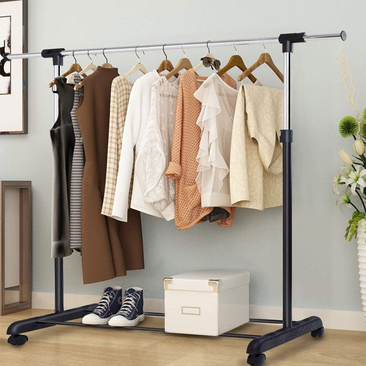 Adjustable Single Rail Garment Rack with Wheels and Bottom Shelf, Costway, 3