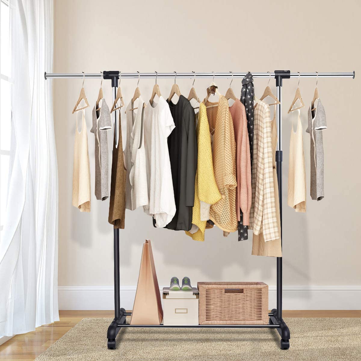 Adjustable Single Rail Garment Rack with Wheels and Bottom Shelf, Costway, 7