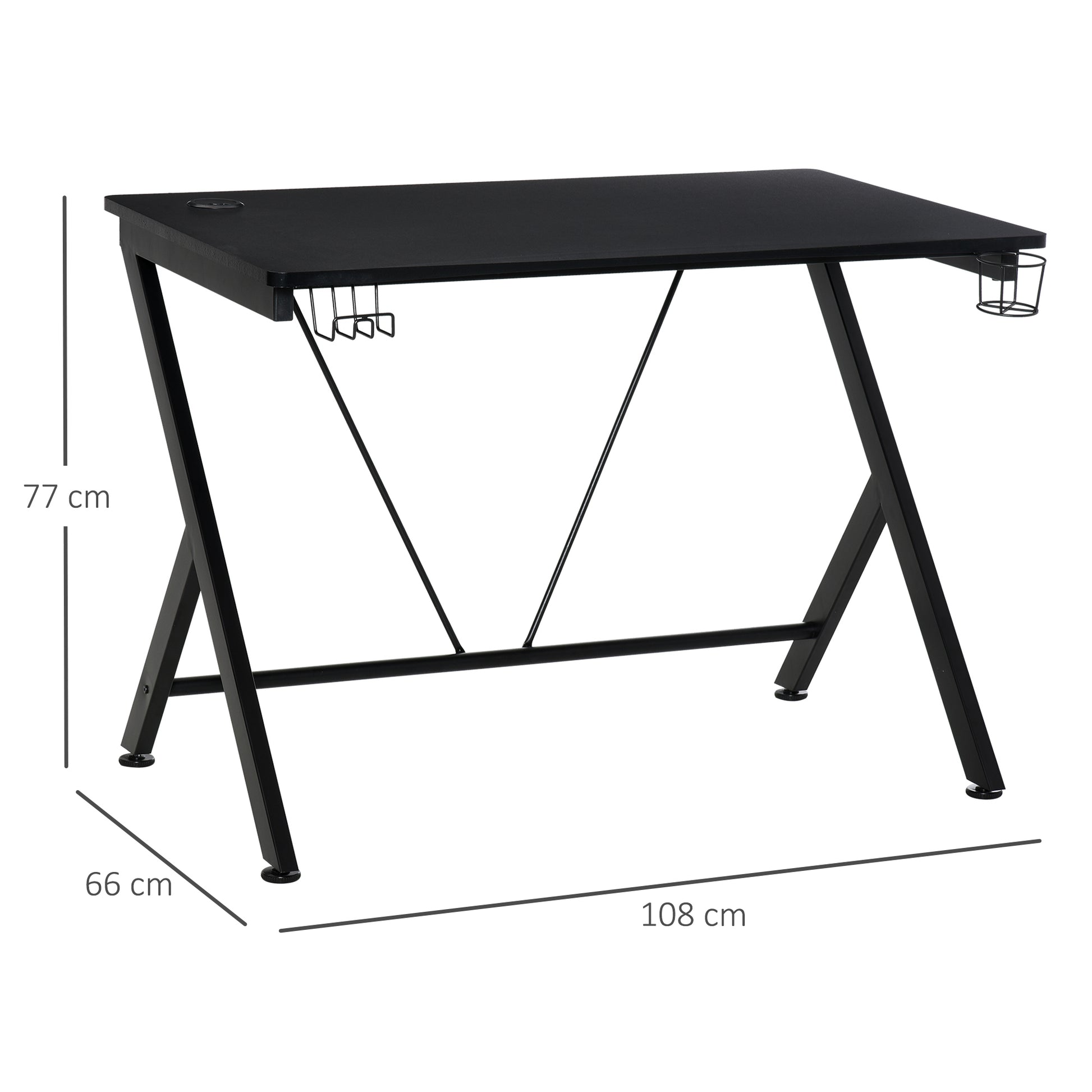 Gaming Desk, 108 x 66cm Computer Table Metal Frame with Cup Holder, Headphone Hook, Cable Hole, for Small Spaces, Black, HOMCOM, 3