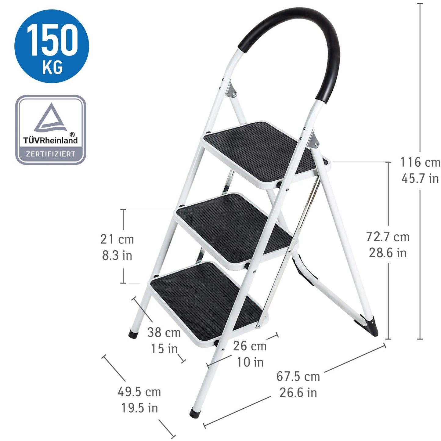 3 Step Ladder, Holds Up to 150 kg, Folding Step Ladder, Kitchen Step Ladder, Wide Anti-Slip Steps, WonderWorker Bold, 8