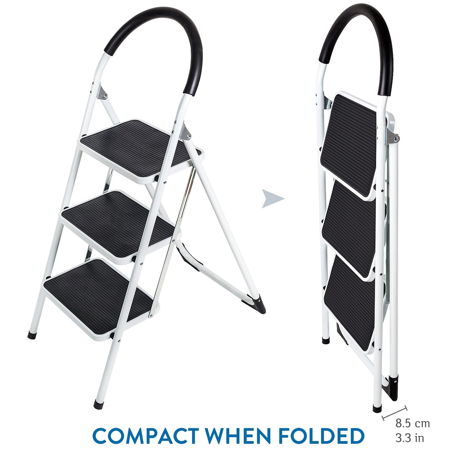 3 Step Ladder, Holds Up to 150 kg, Folding Step Ladder, Kitchen Step Ladder, Wide Anti-Slip Steps, WonderWorker Bold, 2