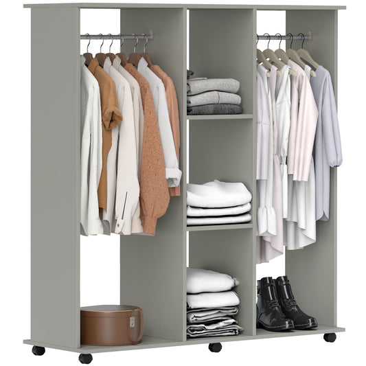 Double Open Wardrobe on Wheels, Bedroom Wardrobe with Clothes Hanging Rails, 3 Storage Shelves, Mobile Garment Rack for Cloakroom, Hallway, Grey, HOMCOM, 1