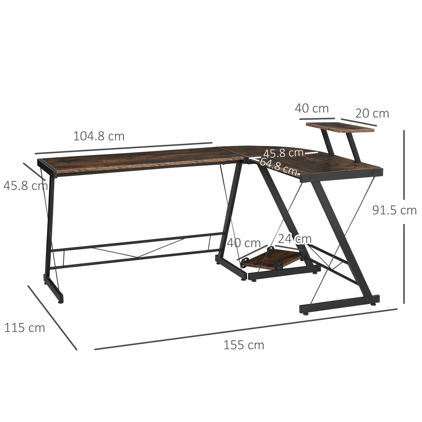 L Shaped Corner Desk, Gaming Desk, Computer Table with Monitor Stand and CPU Stand, Study Workstation for Home Office, 155 x 115 x 91.5cm, Rustic Brown and Black, HOMCOM, 3