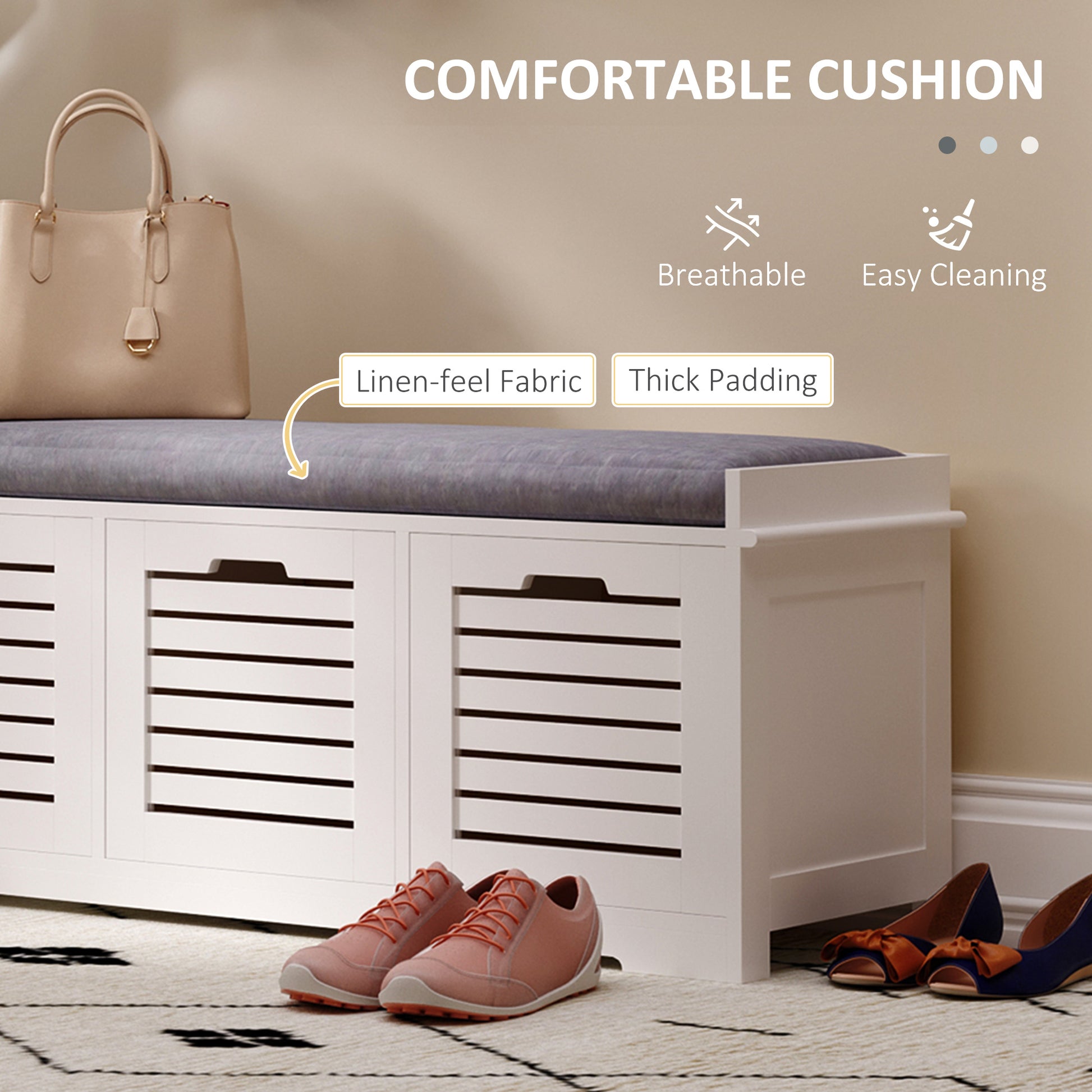 Shoe Storage Bench with 3 Drawers & Removable Grey Seat Cushion Hallway Organisation furniture, HOMCOM, 5