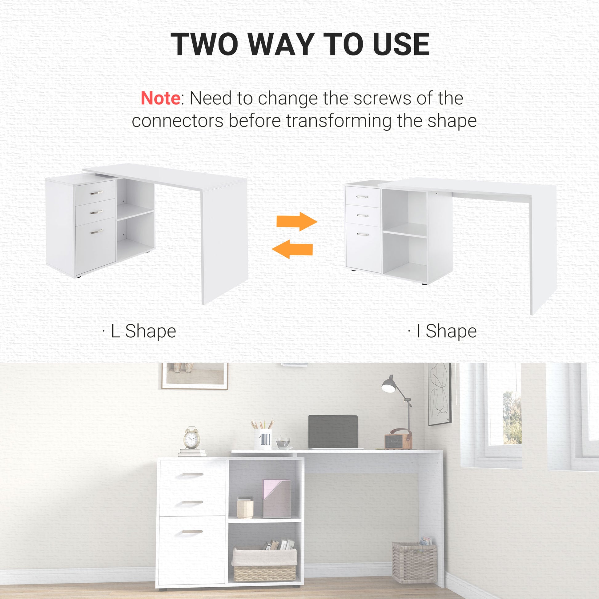 L-Shaped Computer Desk, 2 Shaped Corner Desk with Drawers, File Cabinet and Storage Shelves, Home Office Desk, 117 x 83.5 x 76cm, White, HOMCOM, 6